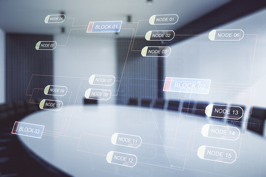 Abstract virtual coding illustration on a modern coworking room background, software development concept. Multiexposure