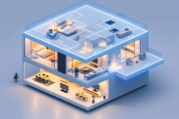 A futuristic smart home interior featuring AI-augmented reality interfaces, with holographic displays showing various smart home components. The minimalist design uses a minimal color palette and