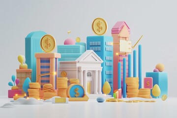 Abstract Financial Cityscape with Coins and Buildings