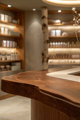 A wooden reception desk in the foreground with a blurred background of a high-end spa. The background features elegant decor, comfortable seating, shelves with beauty products, and calming ambient