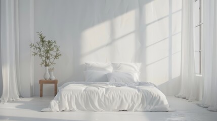 Unmade bed with white linens and pillows in a minimalist, calming room, showcasing an inviting and restful interior design concept