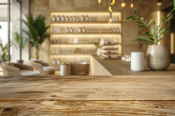 A wooden reception desk in the foreground with a blurred background of a high-end spa. The background features elegant decor, comfortable seating, shelves with beauty products, and calming  ambient