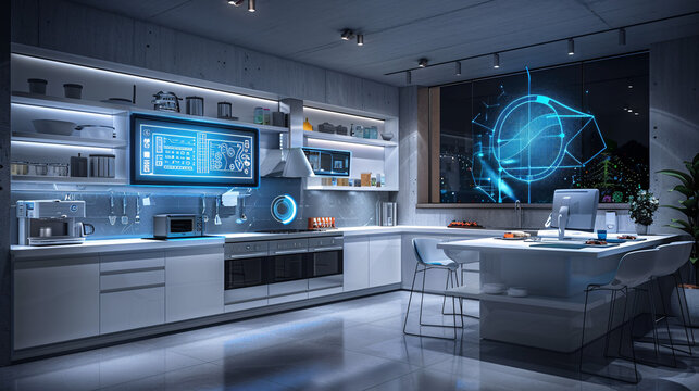 A modern kitchen in an AI-augmented reality smart home, where holographic controls and smart appliances are managed via a central system. The minimal color design emphasizes the futuristic aspect,