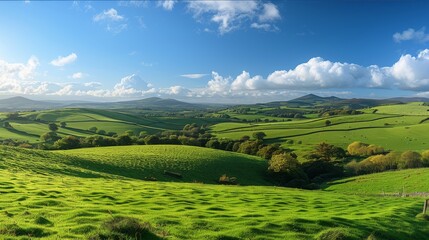Fototapeta premium A panoramic view of rolling hills and patchwork fields under a bright blue sky. Generative AI.