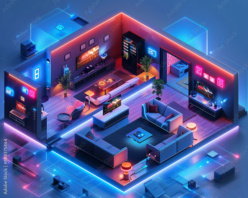 Poster a futuristic smart home interior featuring ai-augmented reality interfaces, with holographic display