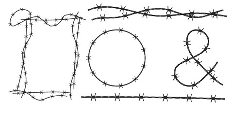 Twisted barbed wire silhouettes set in rounded and square shapes. Vector illustration of steel black wire barb fence frames. Concept of protection, danger or security