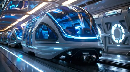 Obraz premium The air is cool and crisp with just a hint of excitement as passengers board the futuristic vehicles for their journeys.