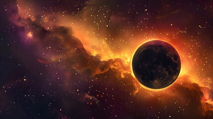 Obraz premium A breathtaking cosmic scene featuring a dark planet with a glowing nebula backdrop, depicting the beauty of outer space.