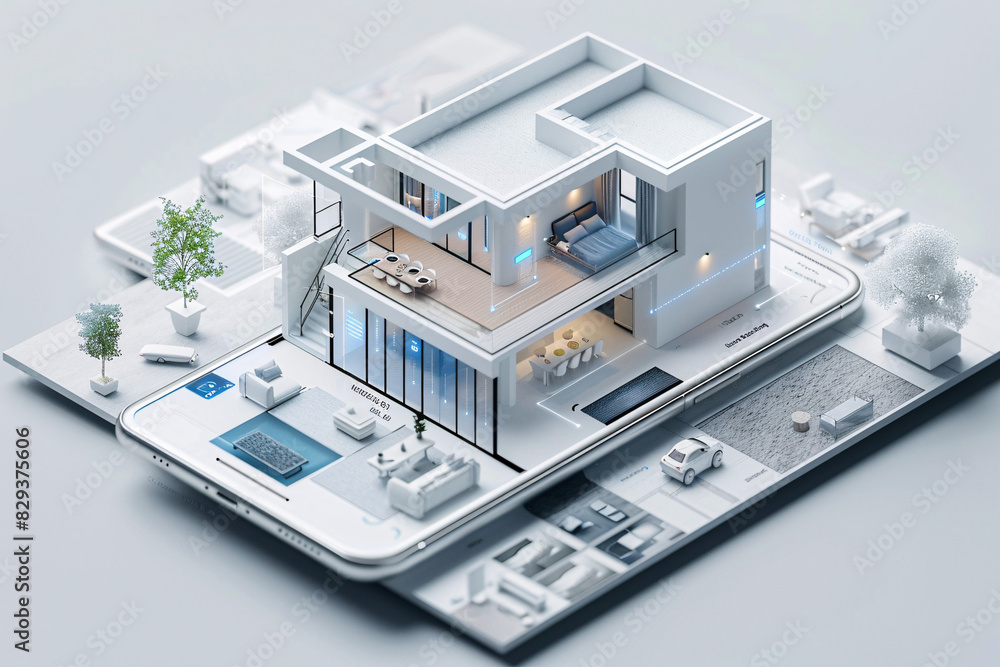 Poster an ai-augmented reality interface is prominently displayed in the interior of a modern smart home, s