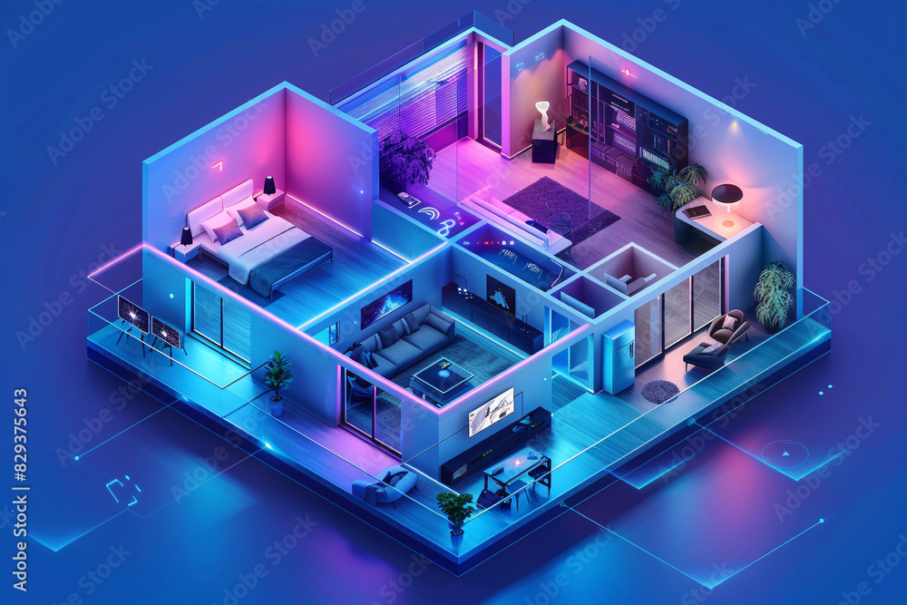 Poster an ai-augmented reality interface is prominently displayed in the interior of a modern smart home, s