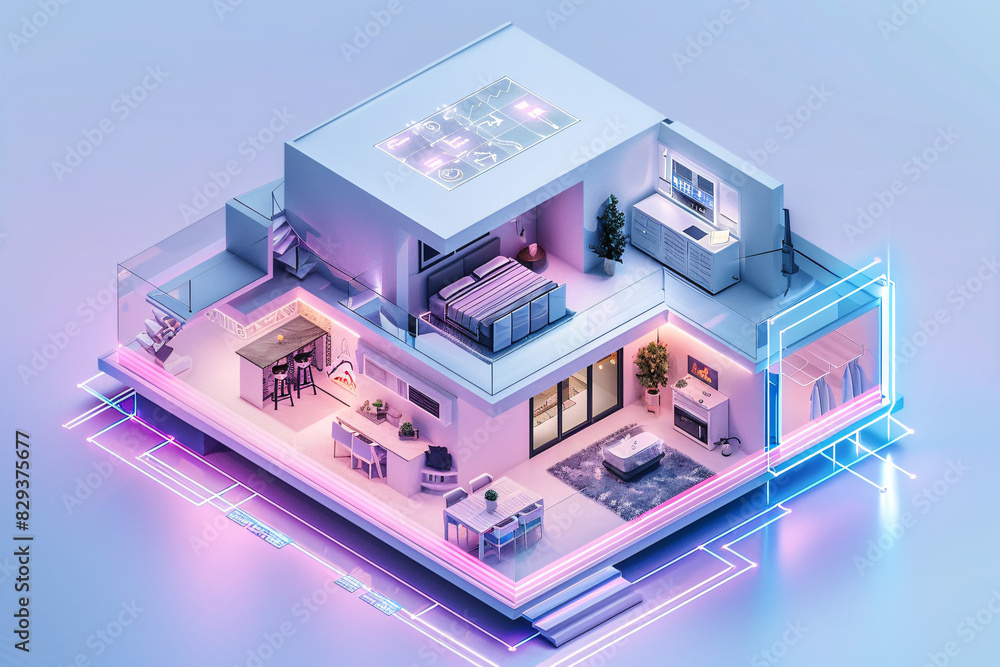 Poster an ai-augmented reality interface is prominently displayed in the interior of a modern smart home, s