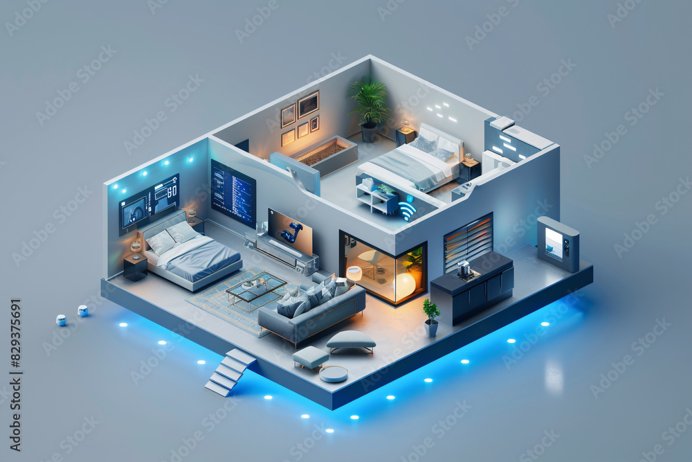 Poster an ai-augmented reality interface is prominently displayed in the interior of a modern smart home, s