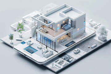 An AI-augmented reality interface is prominently displayed in the interior of a modern smart home, showcasing seamless management of smart home components. The isometric view and minimal color