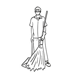 full length of housekeeping male worker with broom and dustpan illustration vector hand drawn isolated on white background