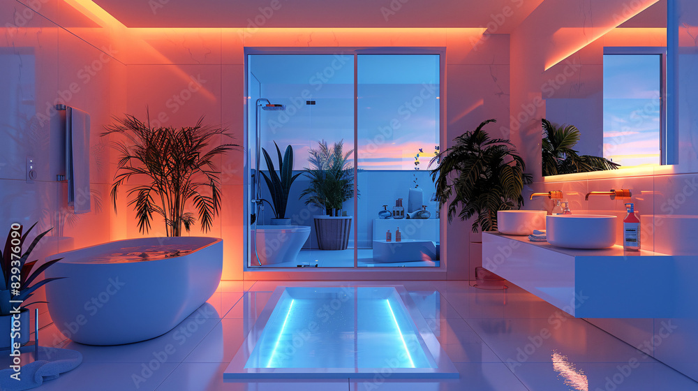 Poster an ai-enhanced smart home bathroom with augmented reality displays managing water temperature and sm