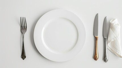 Top view composition of a white plate on a white table, accompanied by a fork and knife, creating a stark contrast on a clean background