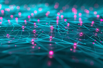Magenta plexus nodes on a teal blue wireframe create a cool, eye-catching tech backdrop.