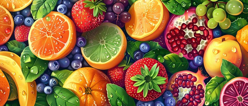 A vibrant and colorful illustration of various fruits like oranges, apples, strawberries, blueberries, etcetera, surrounded by lush green leaves. The background is dark with water droplets adding dept