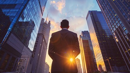 Rear view business professional standing between tall skyscrapers during sunset in downtown financial district