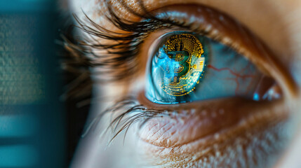 "A Close-Up of an Eye Reflecting a Bitcoin"