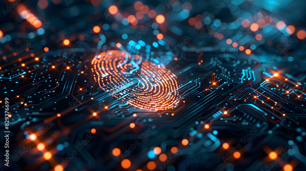 Poster futuristic digital processing of biometric fingerprint scanner. concept of surveillance and security