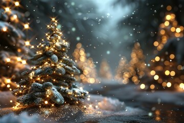 Obraz premium Christmas Tree with Winter Lights and Snow
