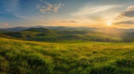 Sunset Over Rolling Green Hills