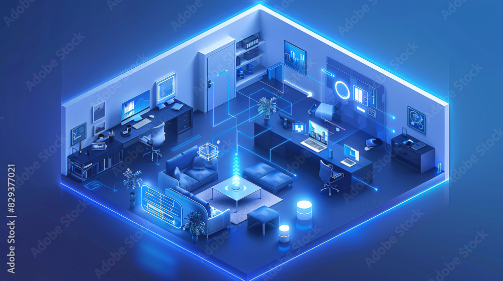 Poster an isometric illustration of a smart home office equipped with ai-augmented reality tools, showing t