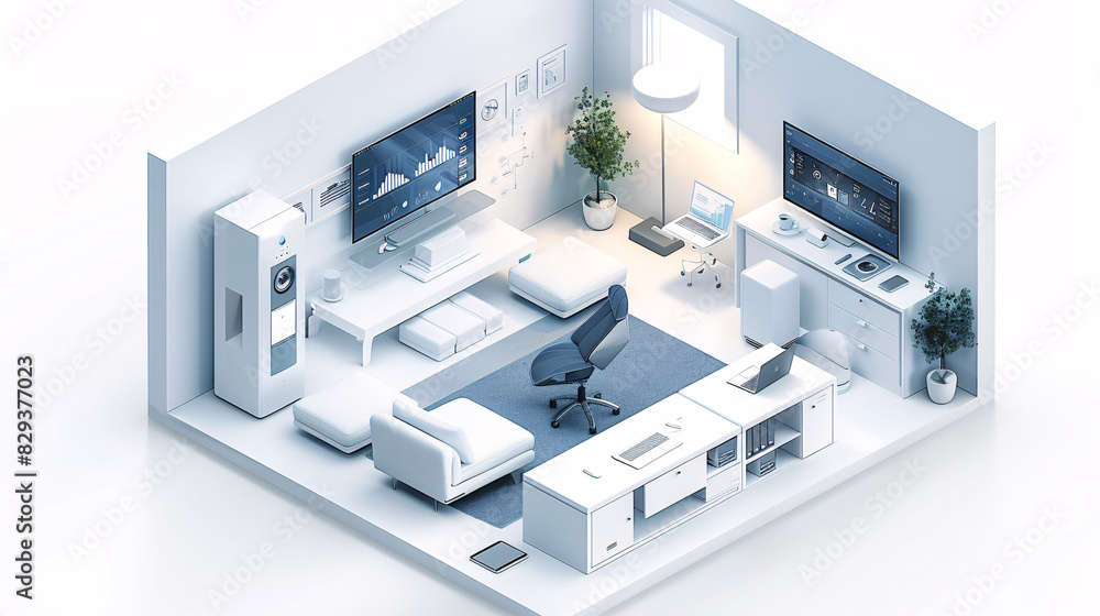 Poster an isometric illustration of a smart home office equipped with ai-augmented reality tools, showing t