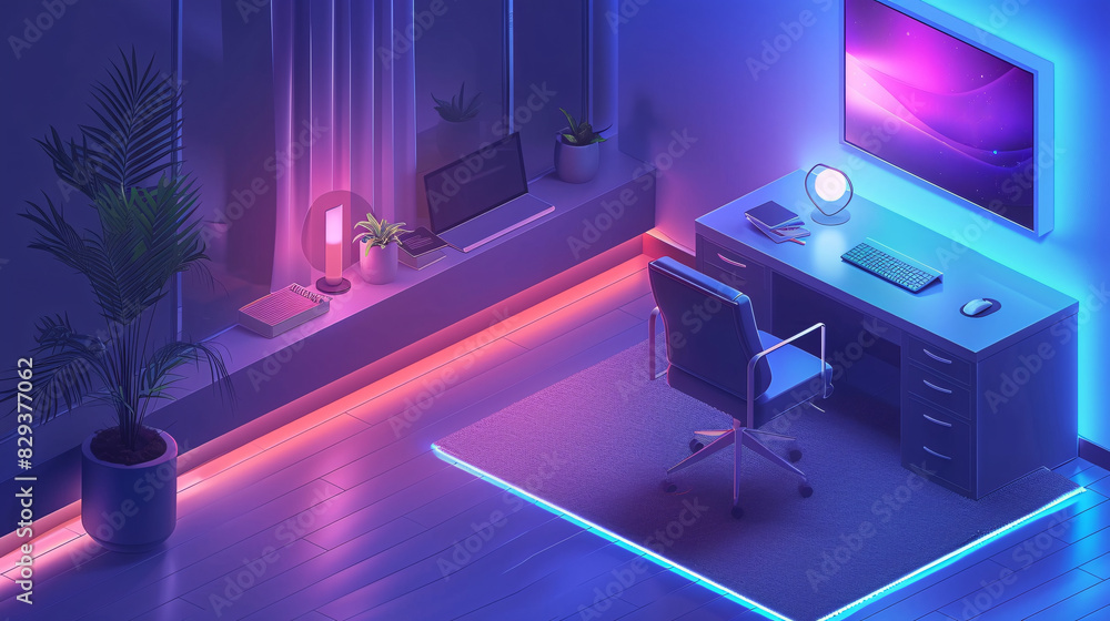 Poster an isometric illustration of a smart home office equipped with ai-augmented reality tools, showing t