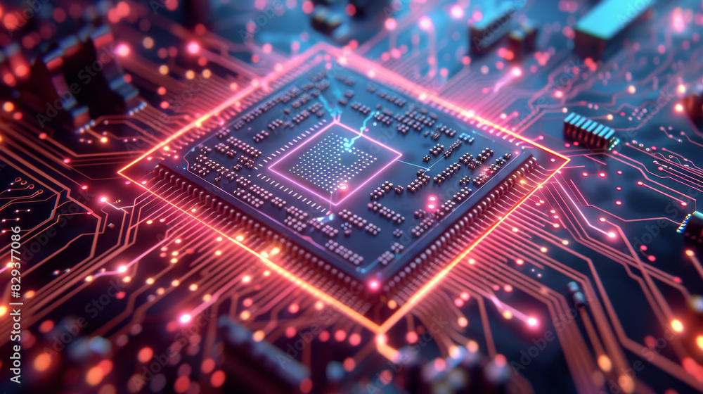 Poster a high-tech chip glowing with neon lights, surrounded by intricate circuit patterns on background. r