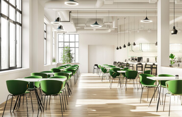 modern white open space cafe with large windows and green chairs, white walls. Created with Ai - Powered by Adobe