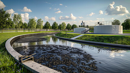 An artists interpretation of a bustling industrial water treatment plant, where drains are being cleaned and ecology is at the forefront