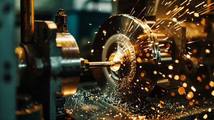 A metal cutting machine is in action, sending sparks flying as it processes a metal product with precision and intensity