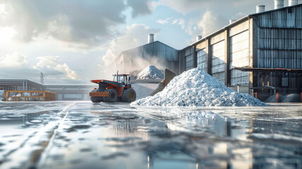 A bulldozer sits in front of a large potash fertilizer factory, clearing a pile of snow with the warehouse in the background