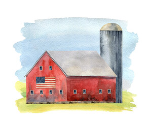 Barn silo, typical American red barn, farming landscape watercolor illustration