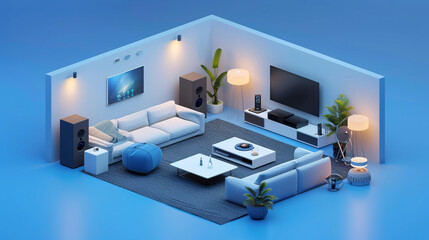 An isometric view of a modern living room in an AI-enhanced smart home, showcasing an advanced home management system on a sleek wall display. The design is clean and minimalistic, providing plenty