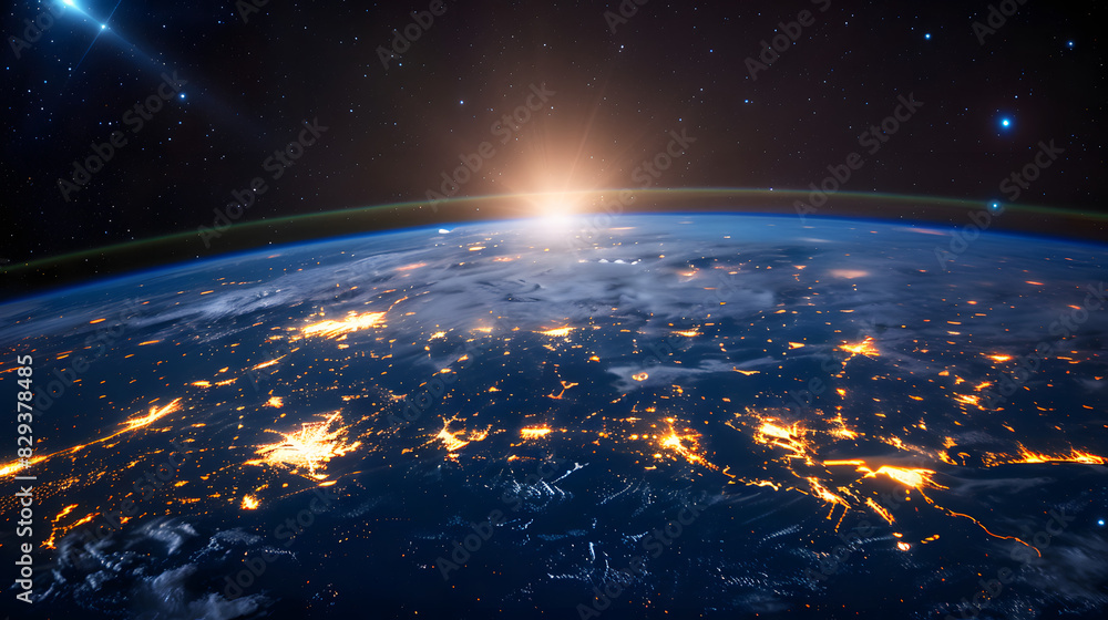 Poster view from space on planet earth with glowing connection lines around it. global networking and futur