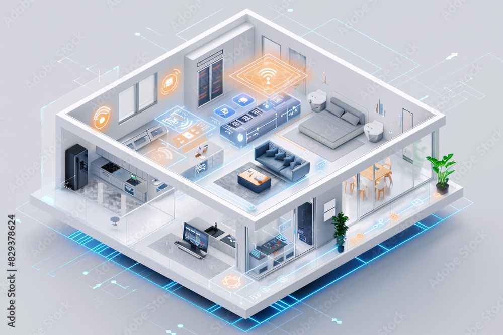 Aufkleber in a minimalist and futuristic smart home interior, an ai-augmented reality interface displays vario