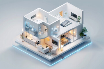 In a minimalist and futuristic smart home interior, an AI-augmented reality interface displays various smart home components and controls. The isometric design emphasizes the advanced technology