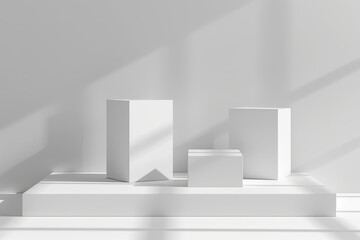 White background with three cube podiums, geometric shadows. Created with Ai