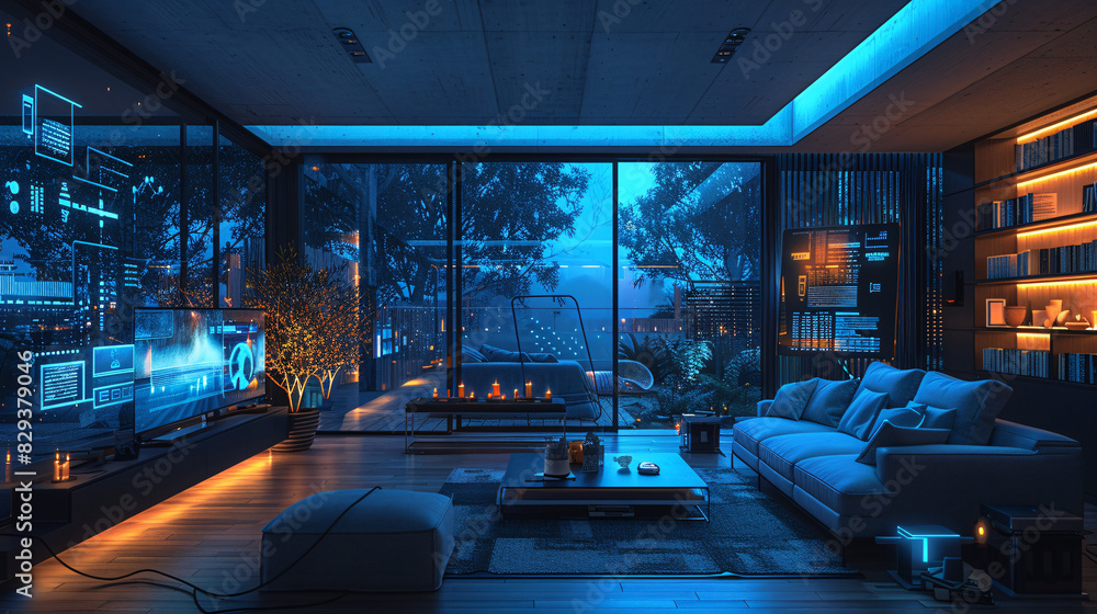 Poster inside a futuristic smart home, various devices are seamlessly integrated into the ai management sys