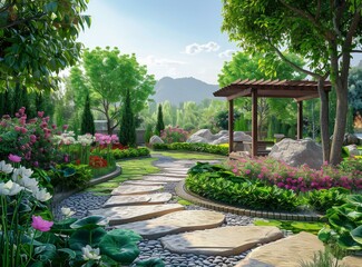 landscaping with stone path and flowers