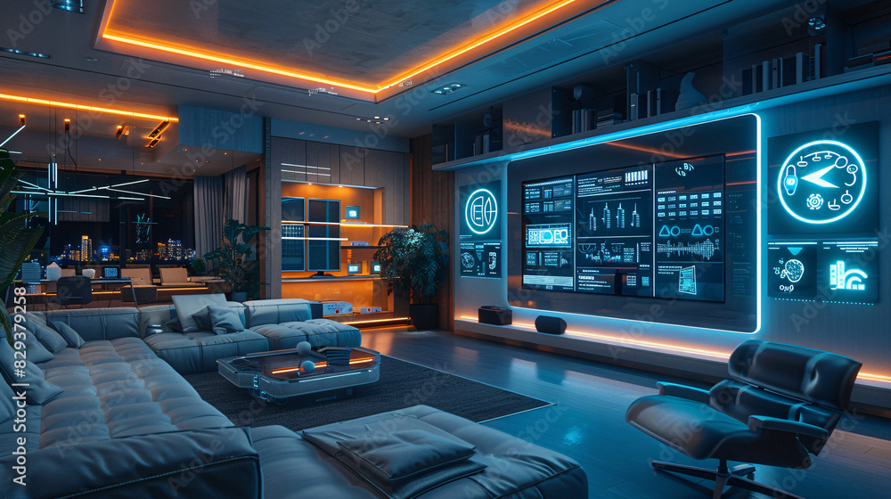 Poster inside a futuristic smart home, various devices are seamlessly integrated into the ai management sys