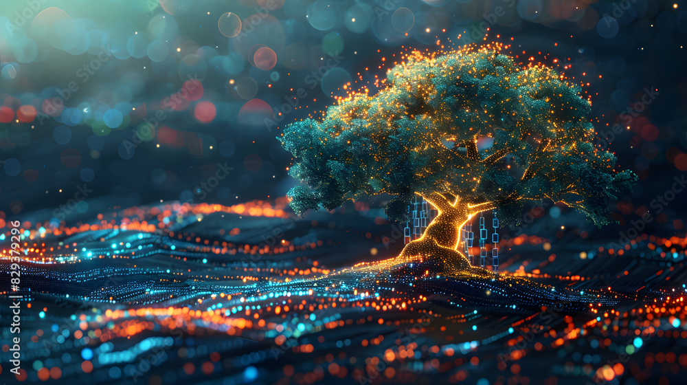 Poster tech tree, abstract data technology and data science illustration