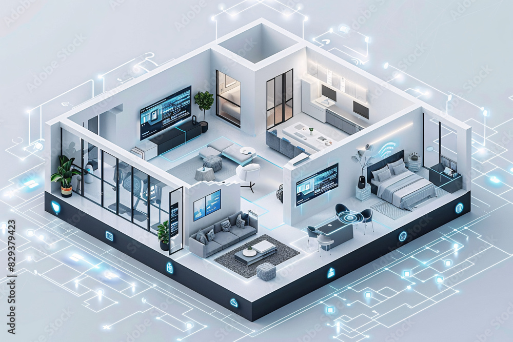 Poster the interior of a futuristic smart home, depicted in an isometric style, highlights ai-driven manage