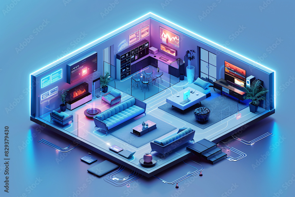 Wall mural The interior of a futuristic smart home, depicted in an isometric style, highlights AI-driven management systems for various home components. The clean, minimal color scheme and generous copy space