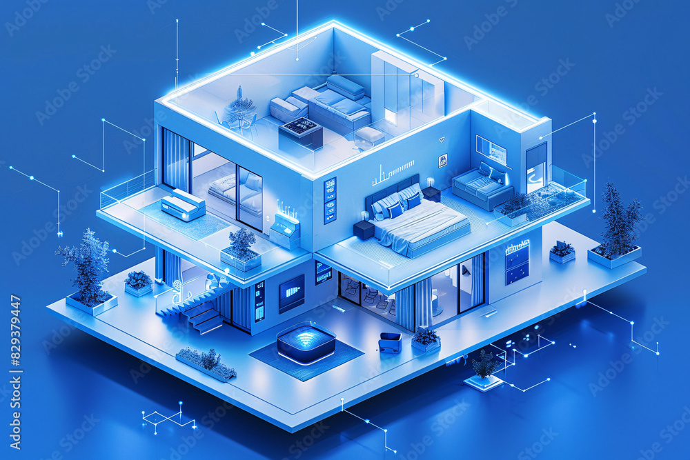 Poster the interior of a futuristic smart home, depicted in an isometric style, highlights ai-driven manage