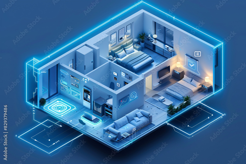 Poster the interior of a futuristic smart home, depicted in an isometric style, highlights ai-driven manage