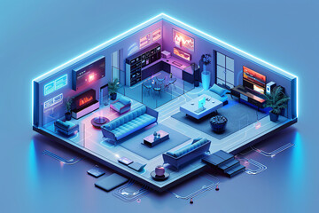 The interior of a futuristic smart home, depicted in an isometric style, highlights AI-driven management systems for various home components. The clean, minimal color scheme and generous copy space